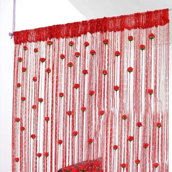 Red । Elegant Curtain  with Rose Flower & Thread Shiny Tassel (20 Rose) । CN-27